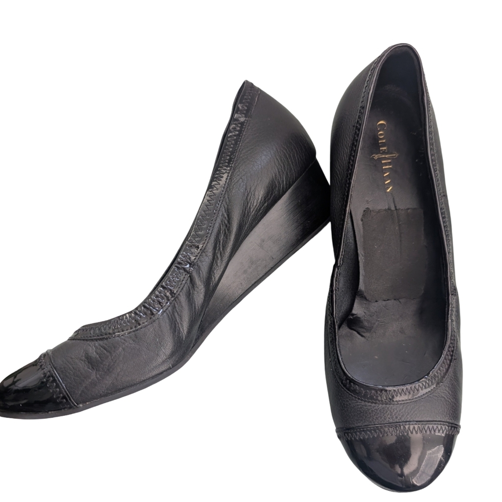 Cole Haan Black Leather Cap Toe Wedge Pumps Size 8